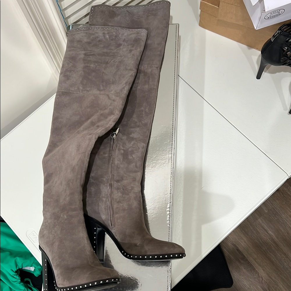 Gray Over the Knee Boots with Plush Suede Finish